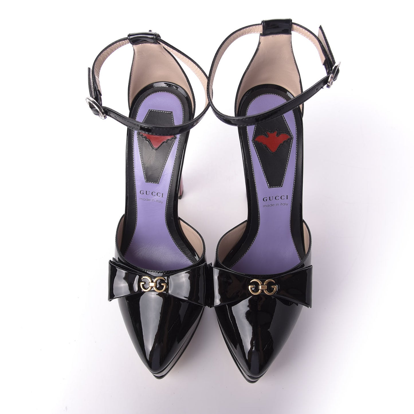 Patent Crystal GG Bow Sadie Spike Ankle Strap d'Orsay Platform High Heel Pumps 36.5 Black