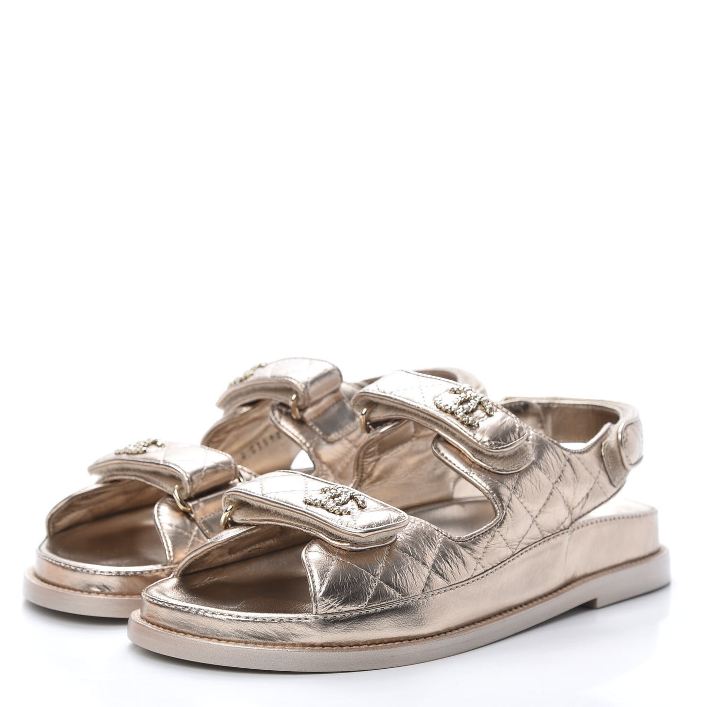 Iridescent Lambskin Quilted Velcro Dad Sandals 38 Light Bronze