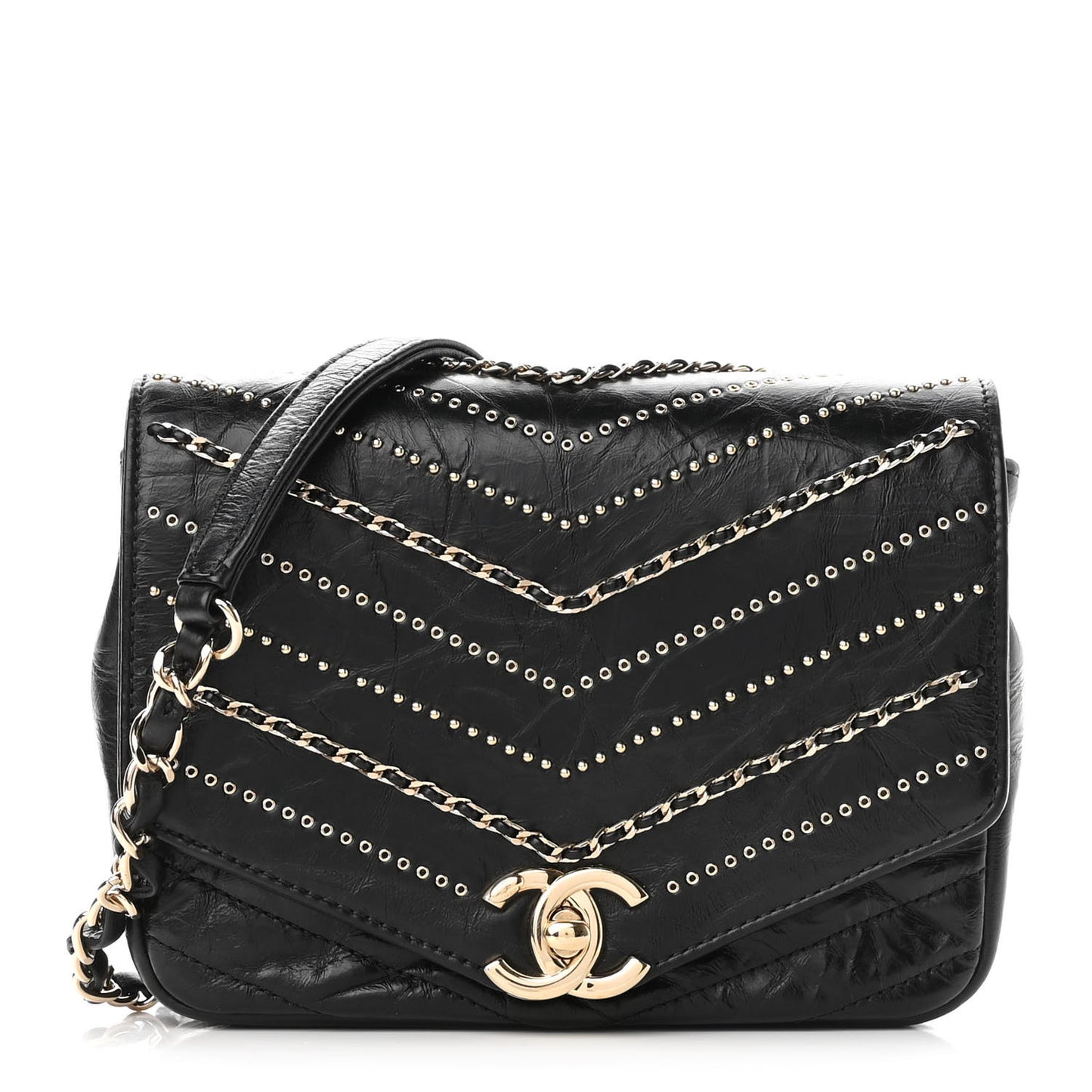 Crumpled Calfskin Chevron Chain Mini Square Flap Black