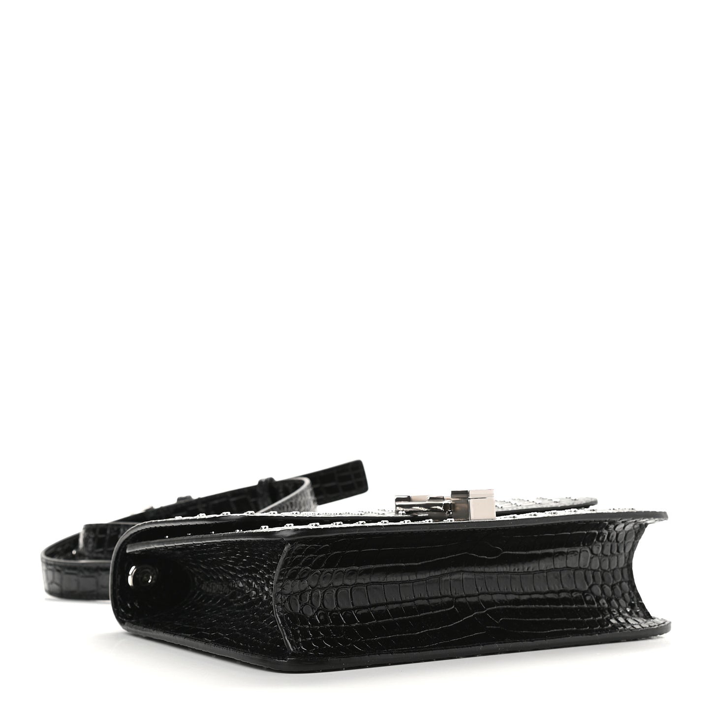Crocodile Embossed Calfskin Crystal Embellished Carre Satchel Black