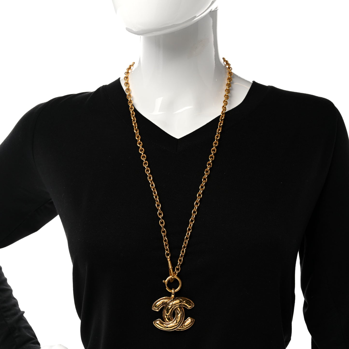 Metal Quilted CC Long Necklace Gold