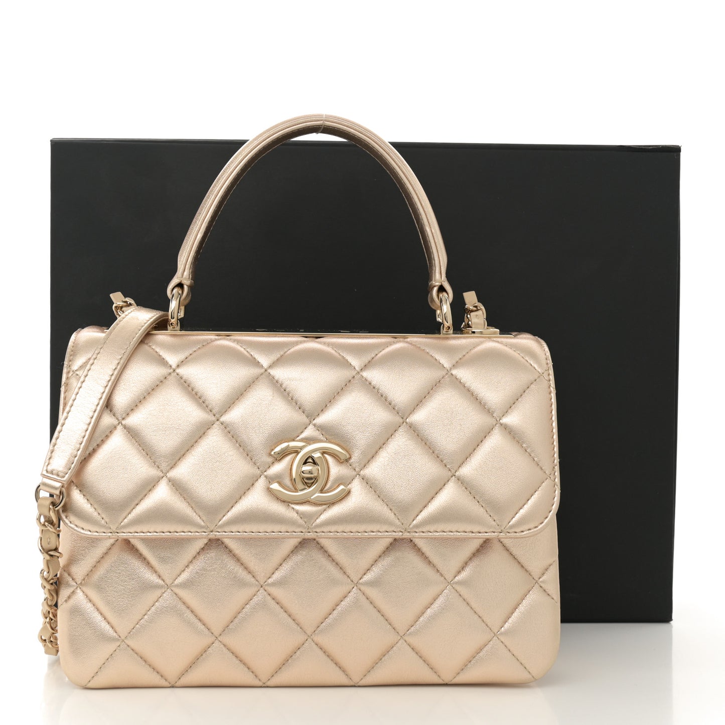 Metallic Lambskin Quilted Small Trendy CC Flap Dual Handle Bag Gold