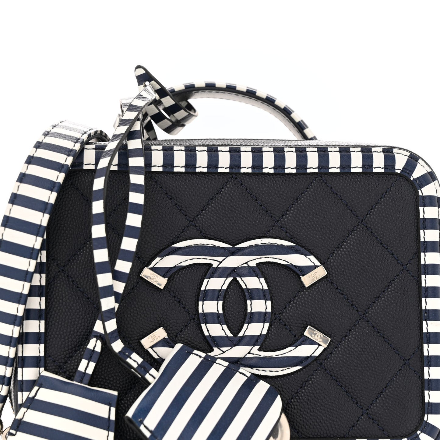 Caviar Quilted Striped Small CC Filigree Vanity Case Navy White