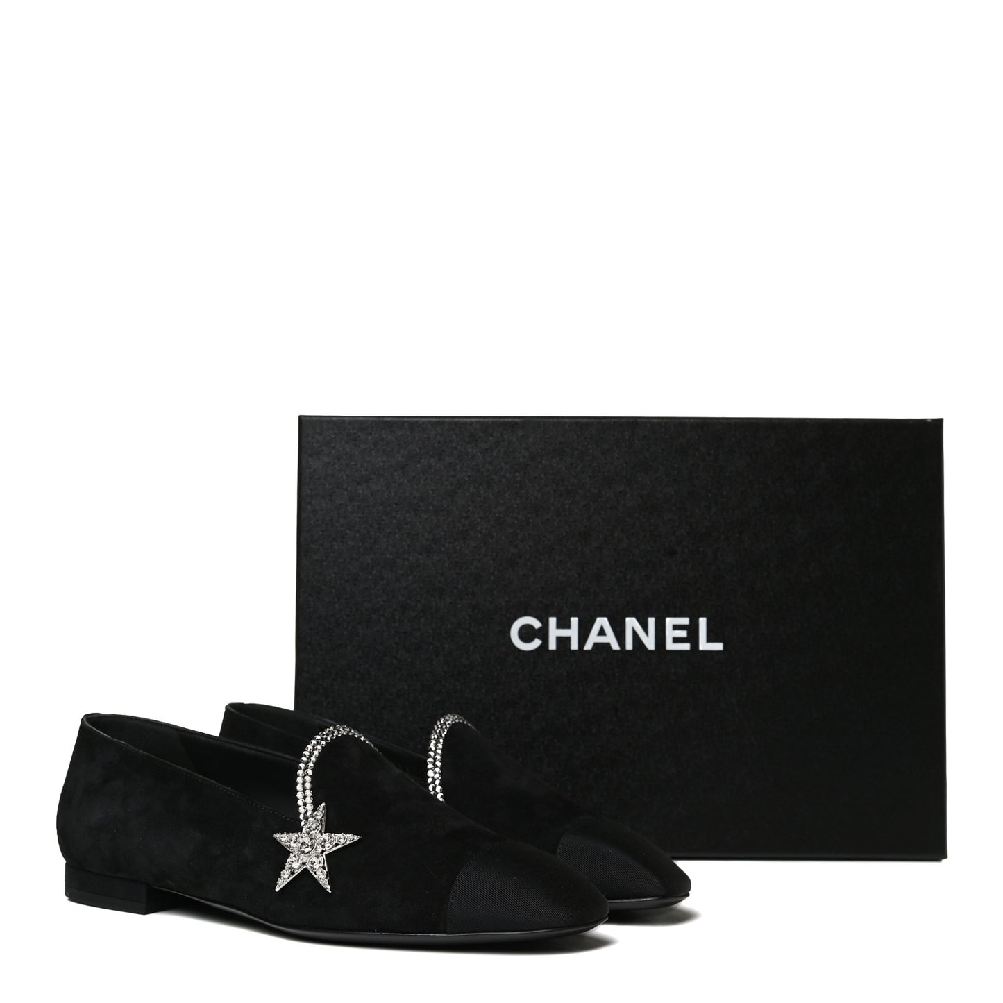 Suede Calfskin Grosgrain Crystal Star Mocassin Loafers 36.5 Black