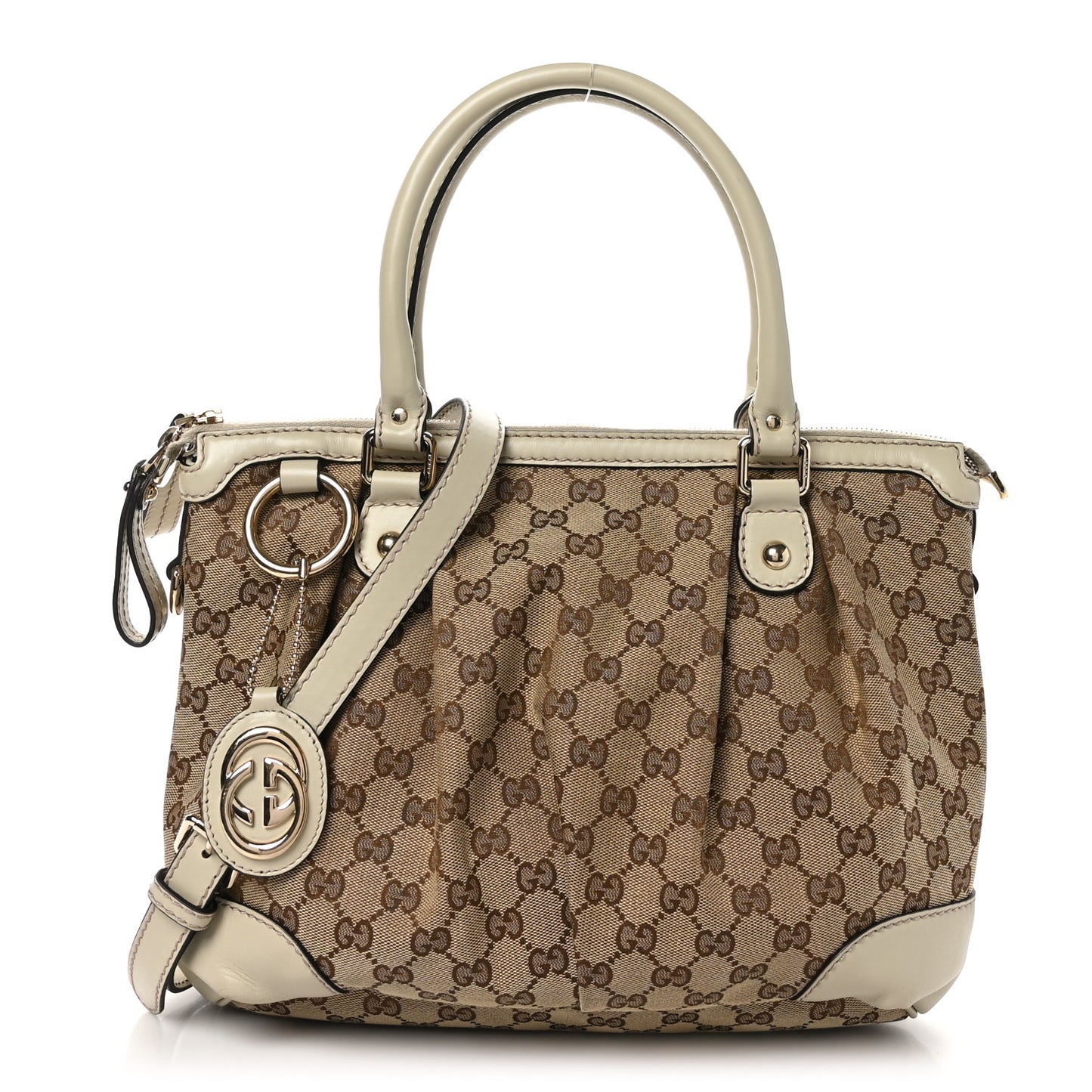 Monogram Margaux Calfskin Medium Sukey Top Handle Bag Beige Ebony Mystic White