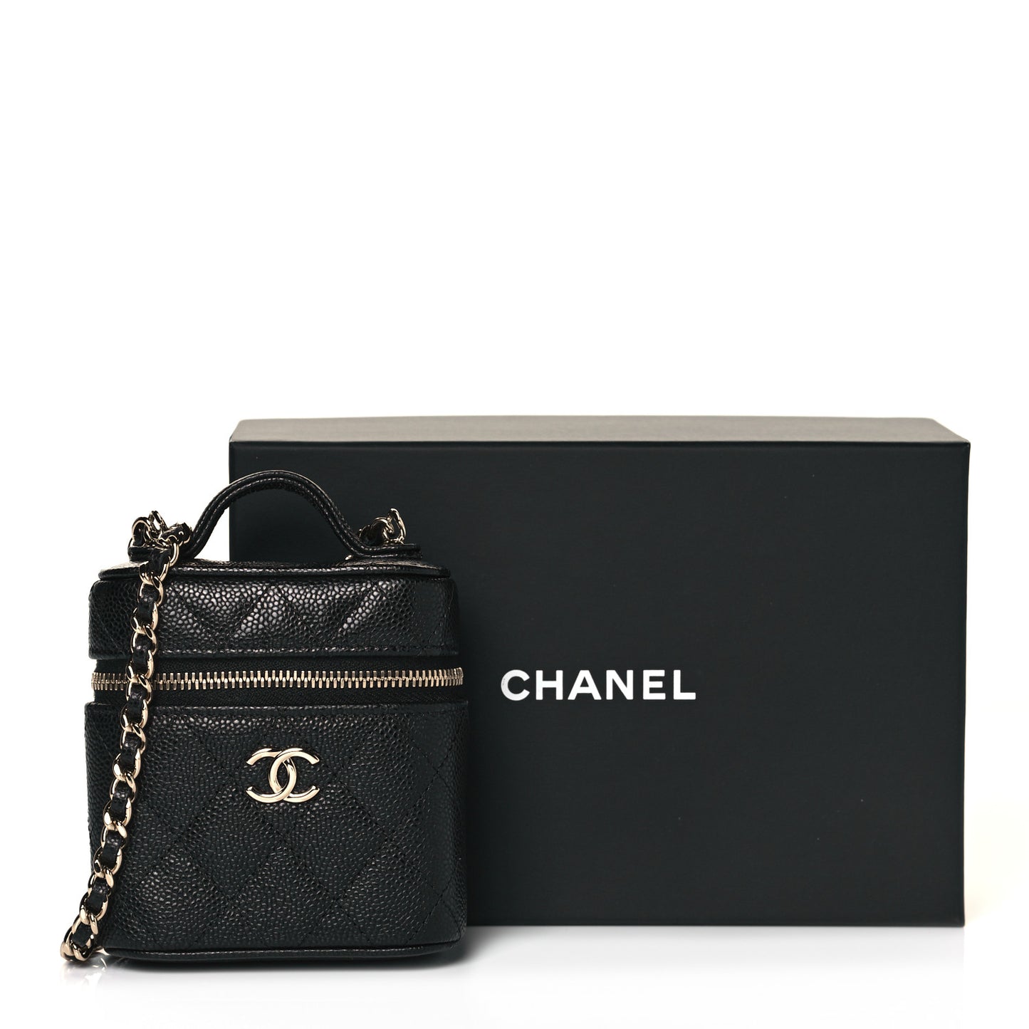 Caviar Quilted Small Handle With Care Vanity Case With Chain Black