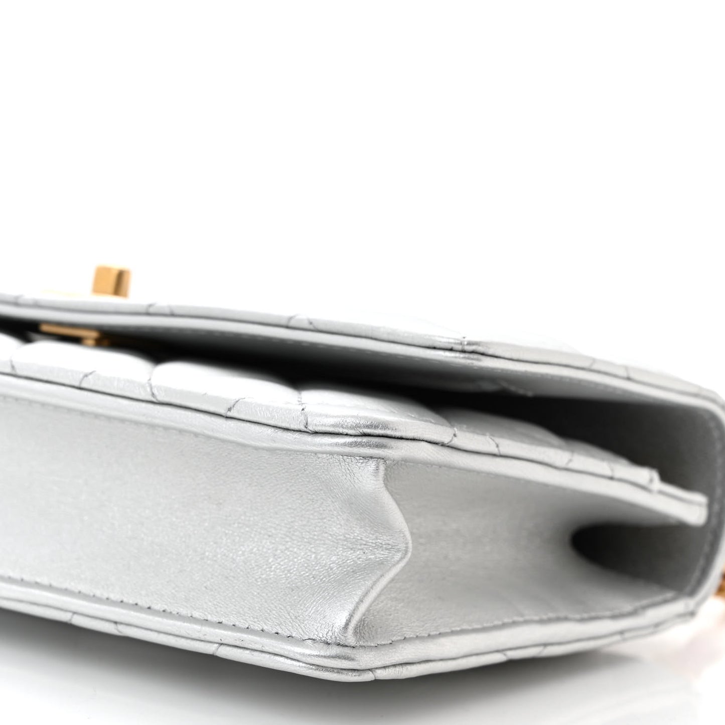 Metallic Calfskin Quilted Top Handle Wallet on Chain WOC Silver