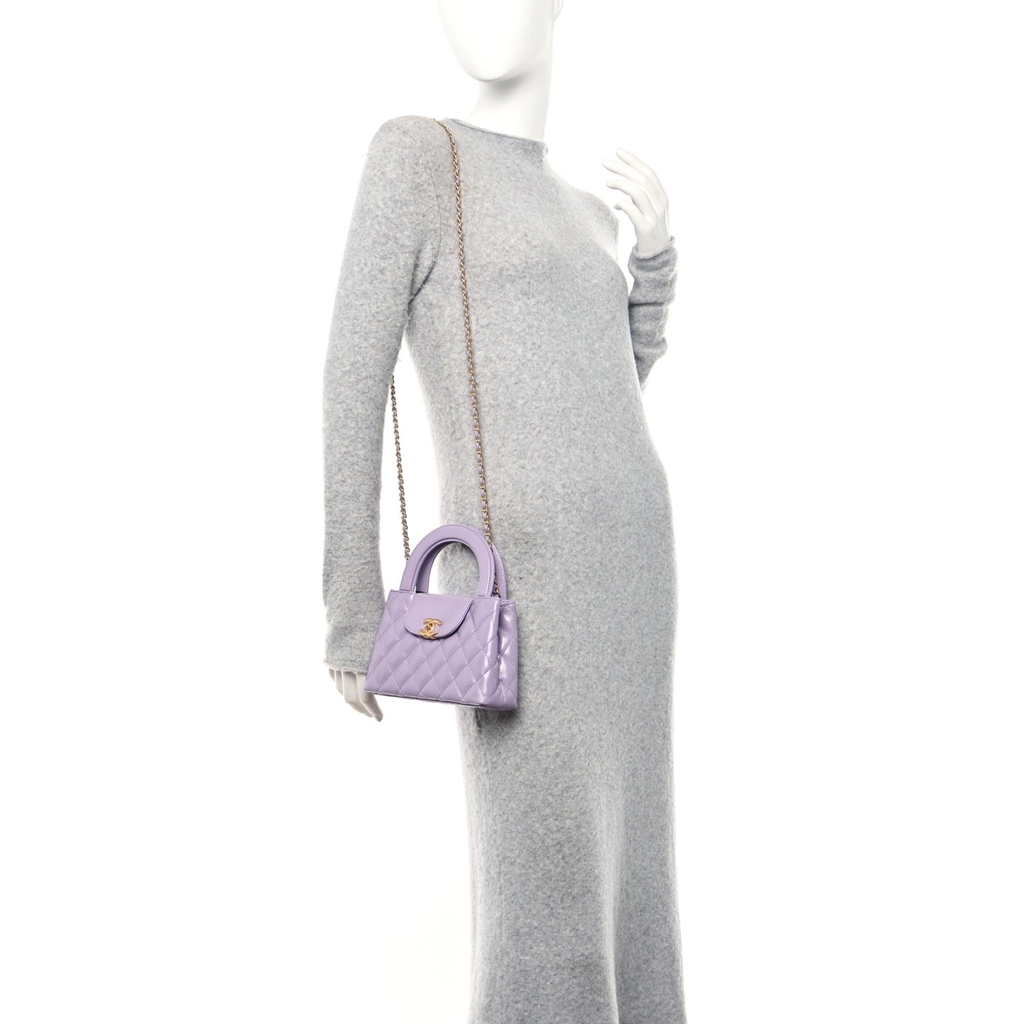 Shiny Aged Calfskin Quilted Nano Kelly Shopper Lilac