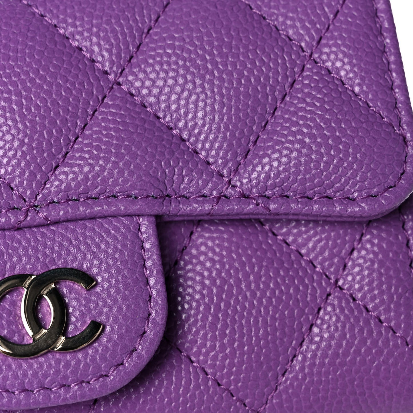 Caviar Quilted Flap Card Holder Wallet Purple