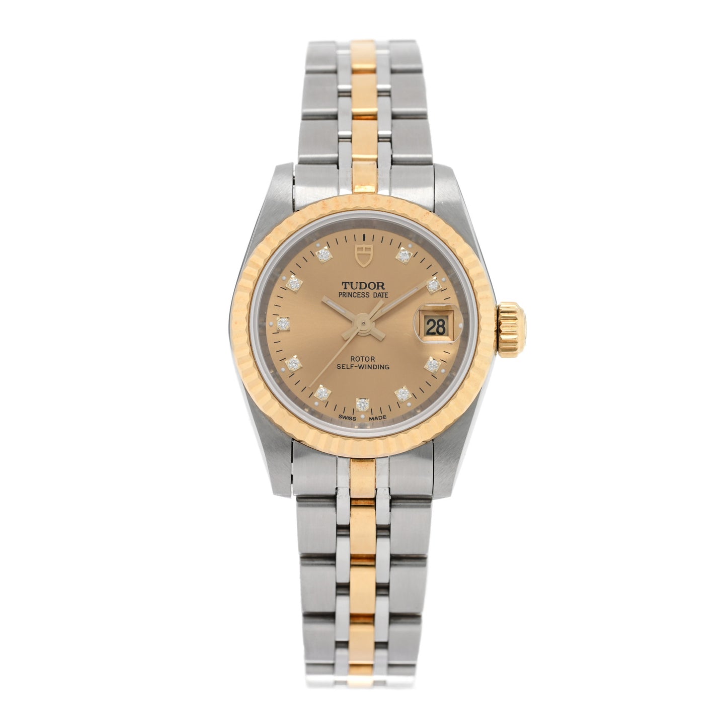Stainless Steel 18K Yellow Gold Diamond 25mm Princess Date Automatic Watch Champagne 92413