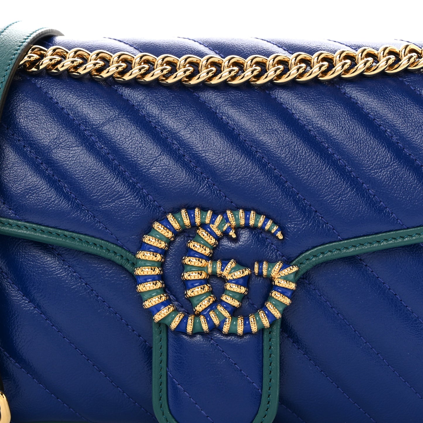 Azalea Calfskin Enamel Matelasse Diagonal Small Torchon GG Marmont Shoulder Bag Imperial Blue Pavone