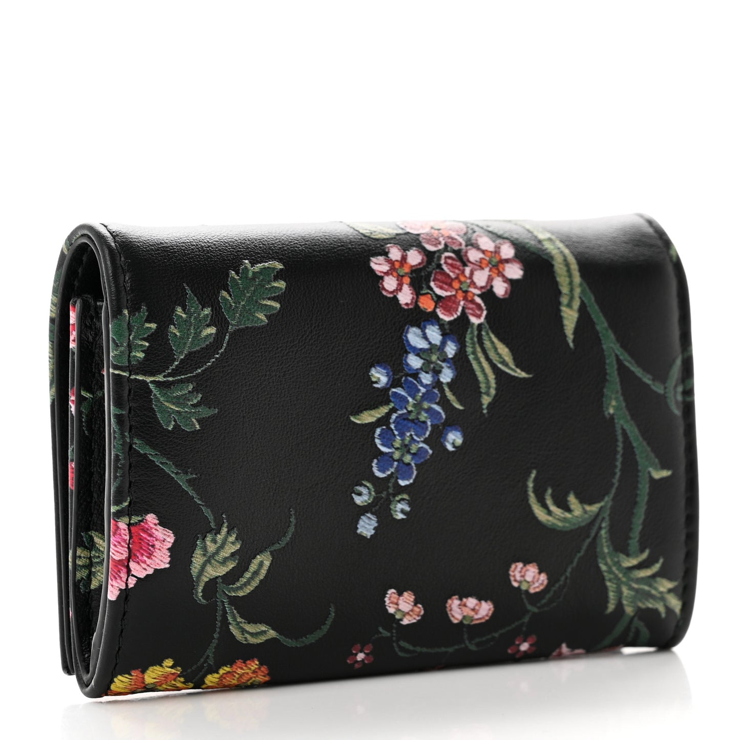 Calfskin Petites Fleurs Print Caro XS Wallet Black Multicolor