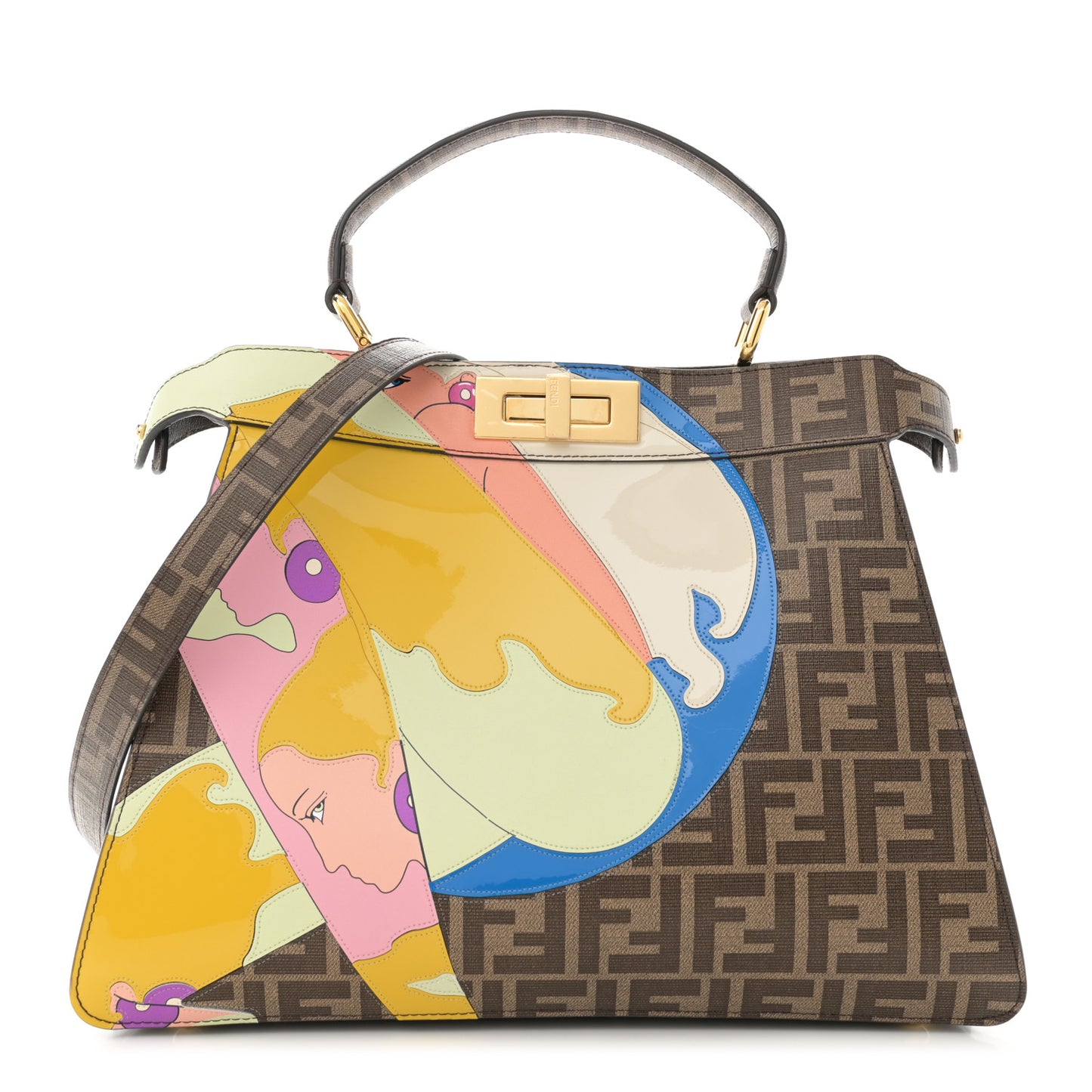 Glazed Fabric Vitello FF 1974 Hairdo Girls Inlay Medium Peekaboo Iconic Satchel Mogano Panna Multicolor