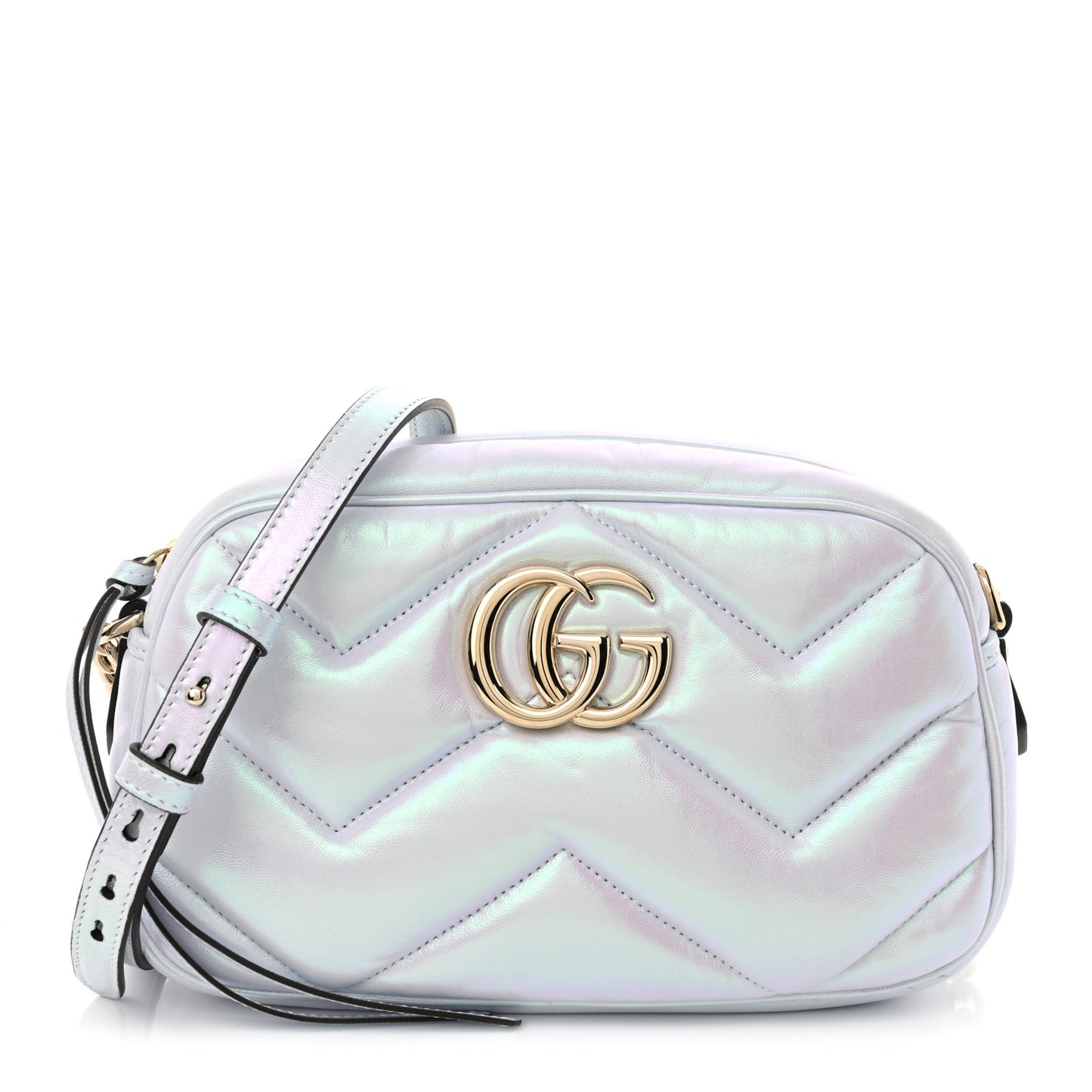 Iridescent Nappa Chevron Matelasse Small GG Marmont Chain Shoulder Bag Iridescent Snow Light Blue