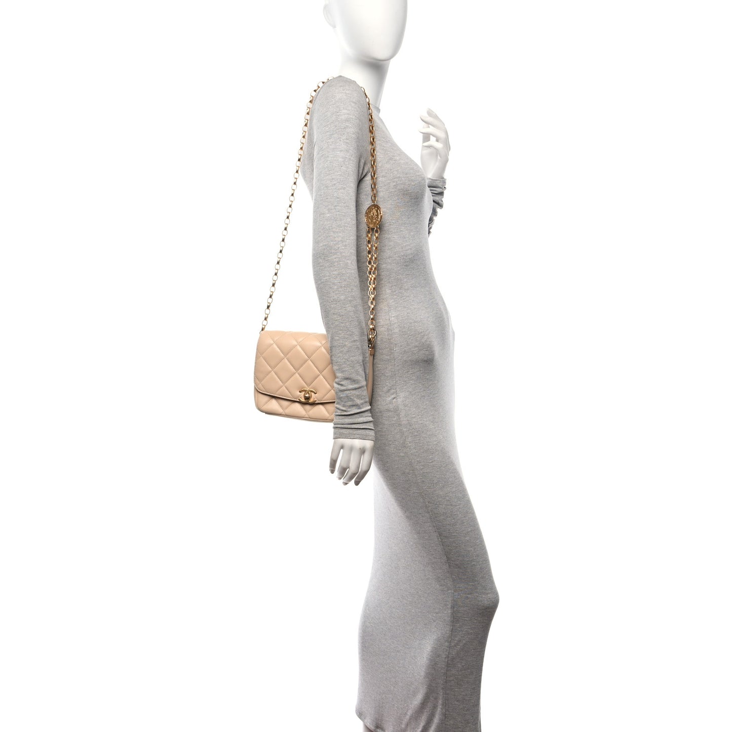Lambskin Quilted CC Coin Flap Bag Beige