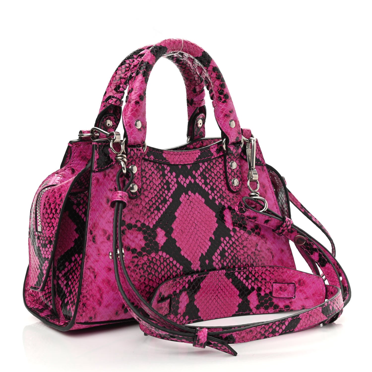 Balenciaga Calfskin Python Effect Neo Classic Silver Hardware Mini City Fuchsia Black 3 of 10