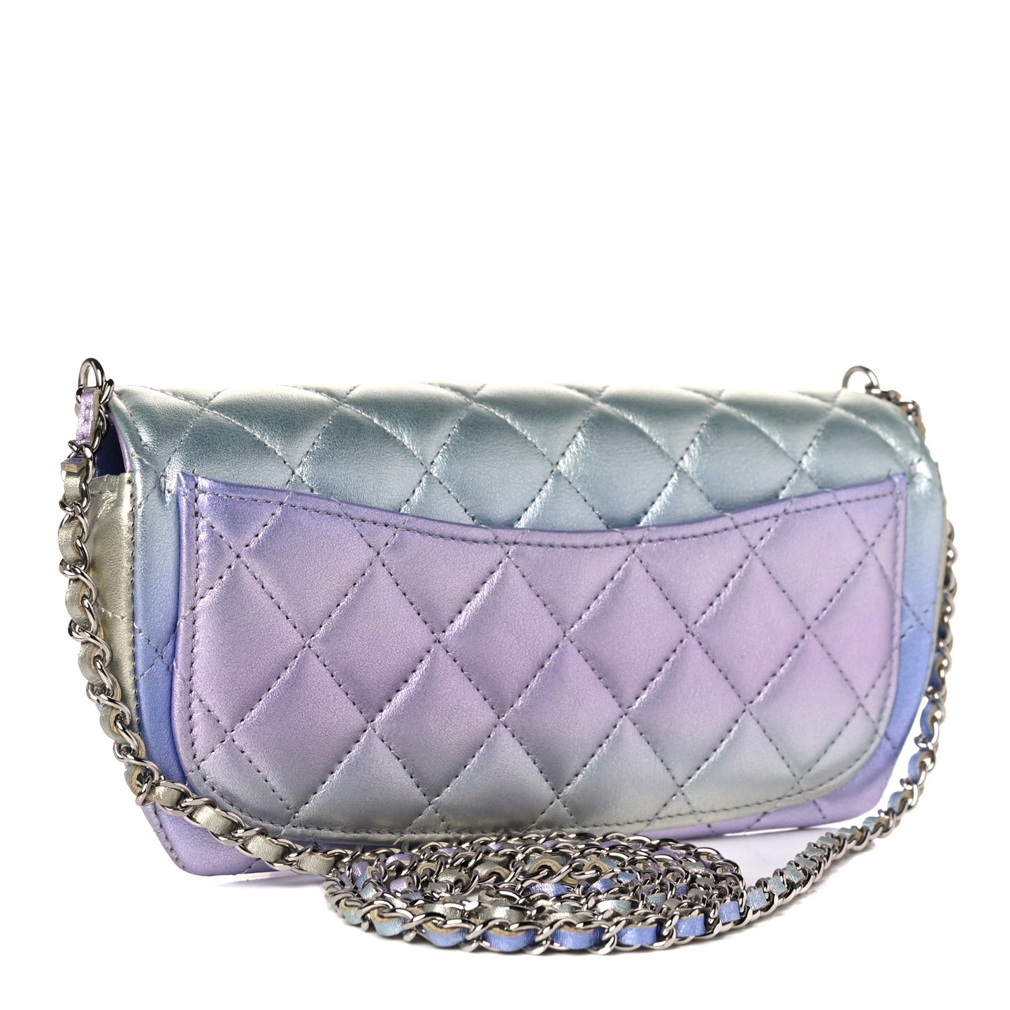 Gradient Metallic Calfskin Quilted Glasses Case With Chain Silver Blue Yellow Purple