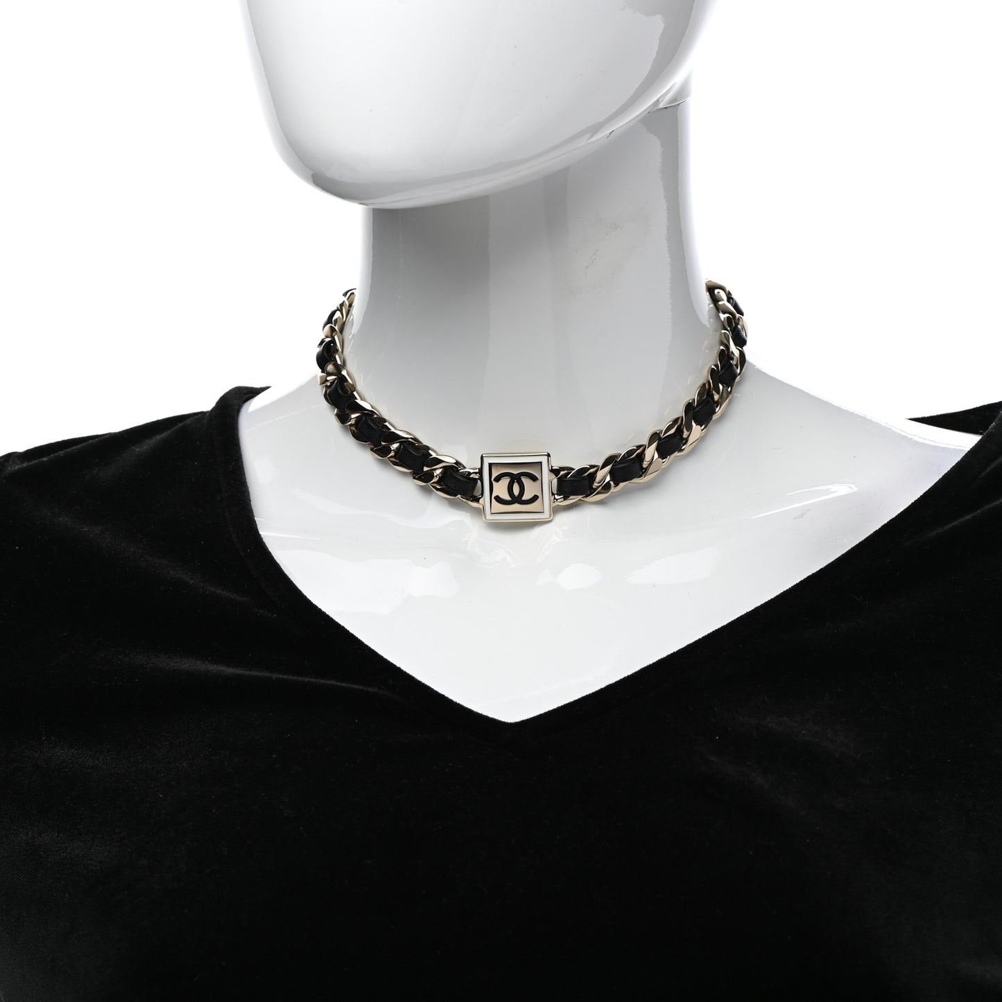 Metal Lambskin CC Square Choker Gold Black White