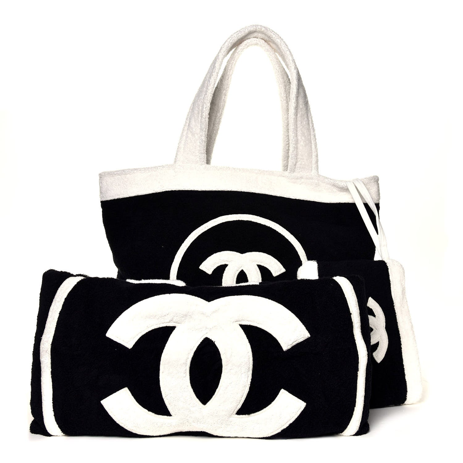 Chanel Terry Cotton CC Beach Tote Towel Set Black White 780083