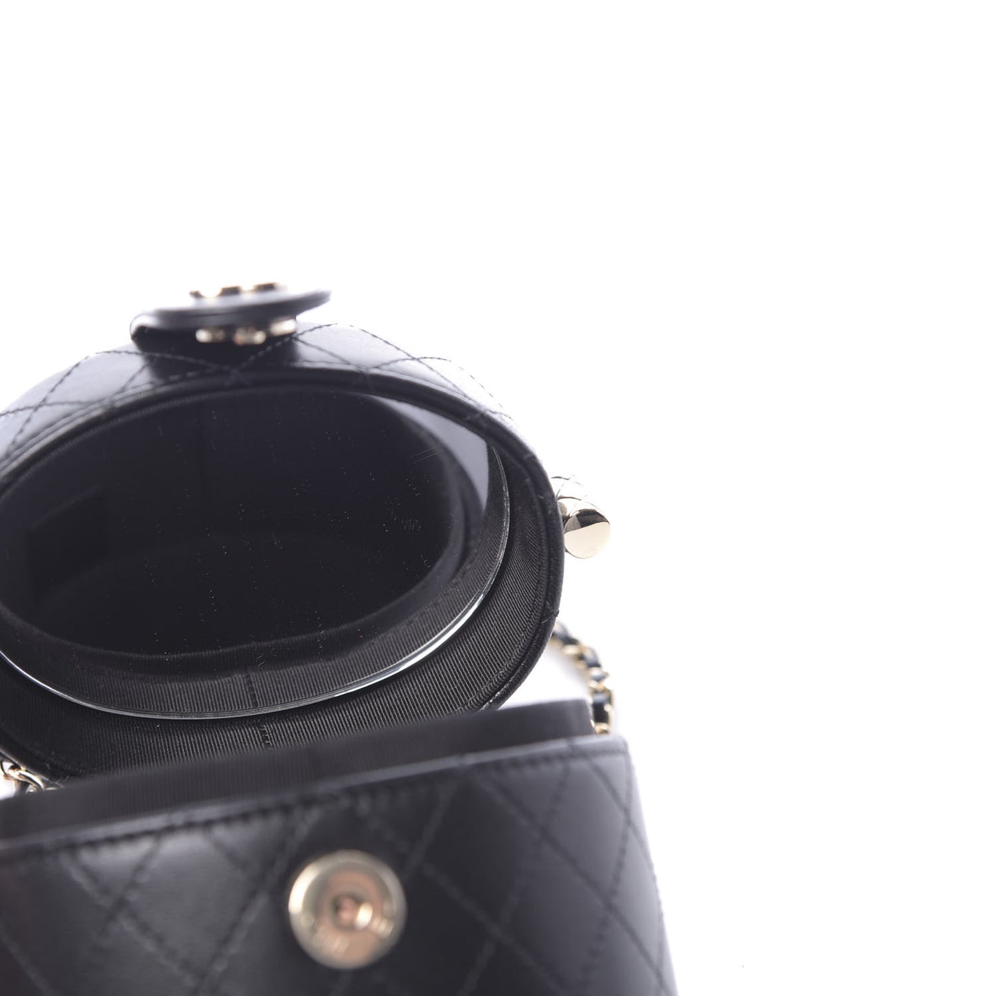 Lambskin Quilted Mini Round Vanity Case With Chain Black