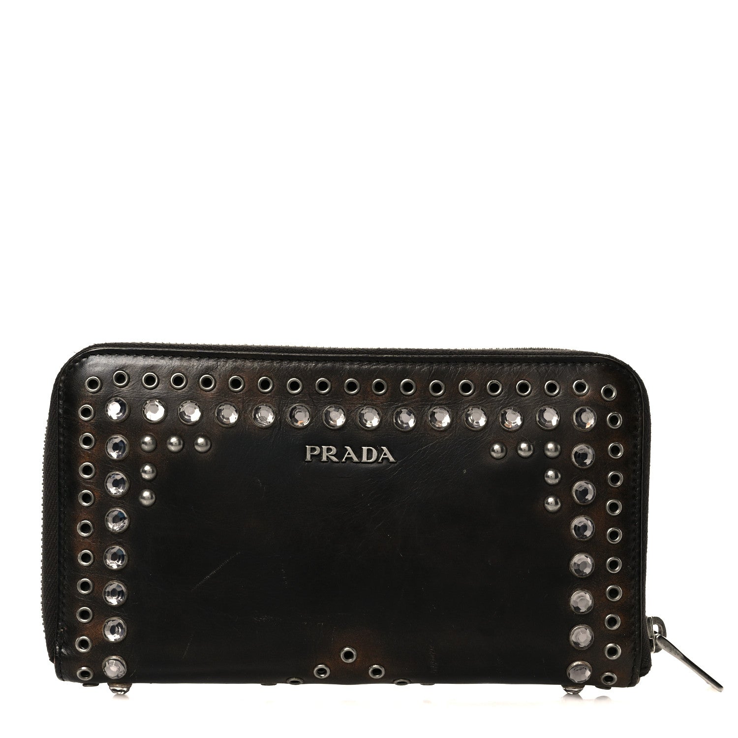 PRADA ガーメント Prada Aged Calfskin Grommet Crystal Studded Zip Around Wallet