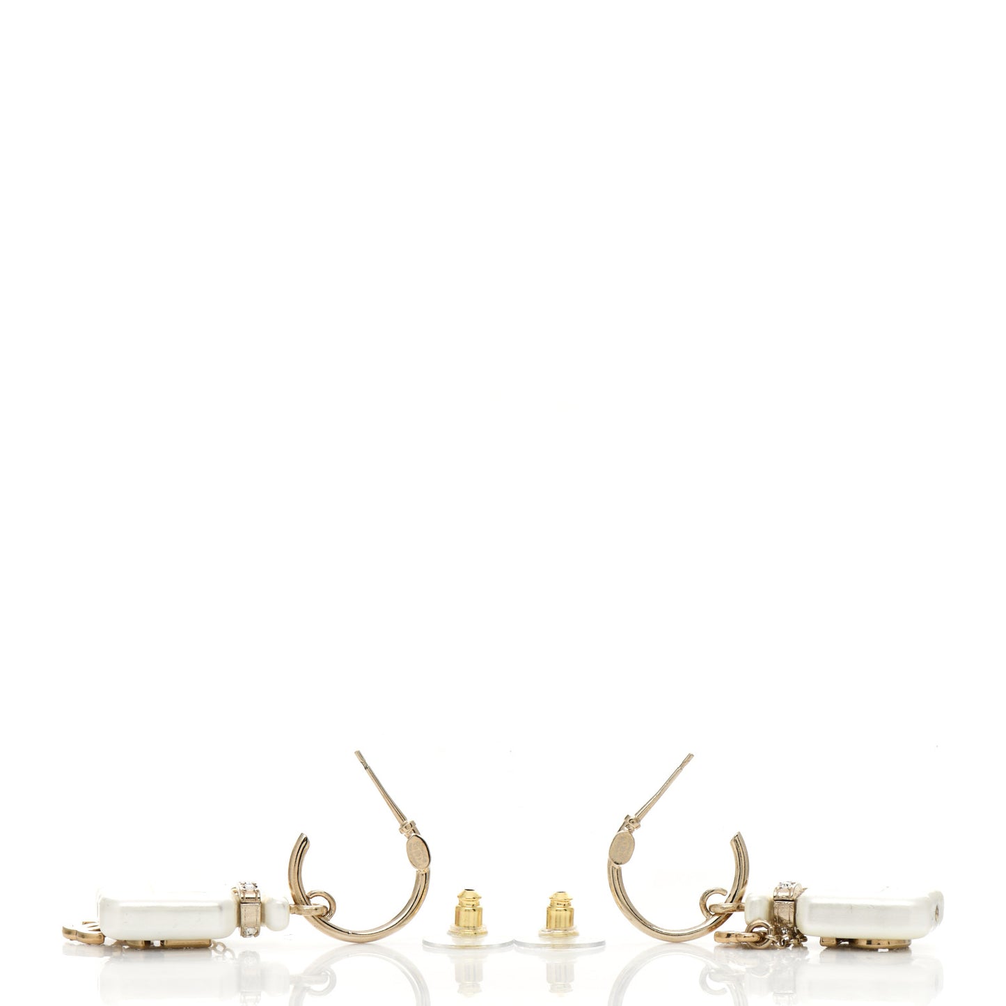 Pearl Resin Crystal CC No 5 Perfume Bottle Drop Earrings Gold Pearly White