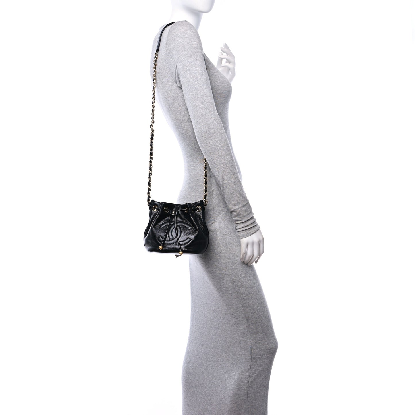 Shiny Aged Calfskin CC Chain Mini Drawstring Bag Black
