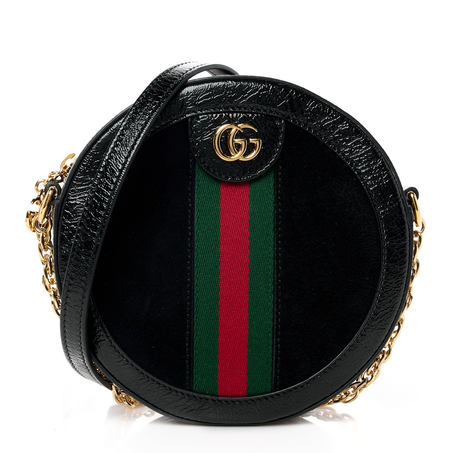 Suede Patent Web Mini Ophidia Round Shoulder Bag Black