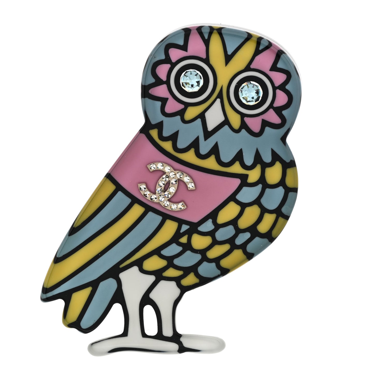 Resin Crystal Owl CC Brooch Blue Yellow Golden
