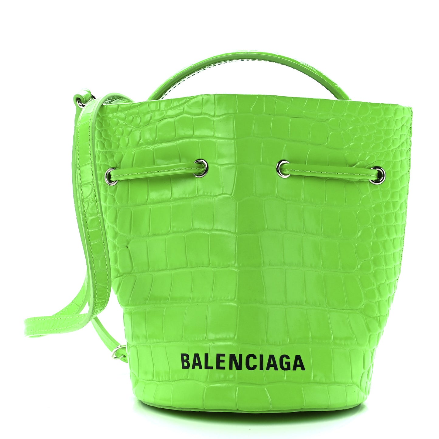 Shiny Calfskin Logo Crocodile Embossed XS Everyday Drawstring Bucket Bag Fluo Green