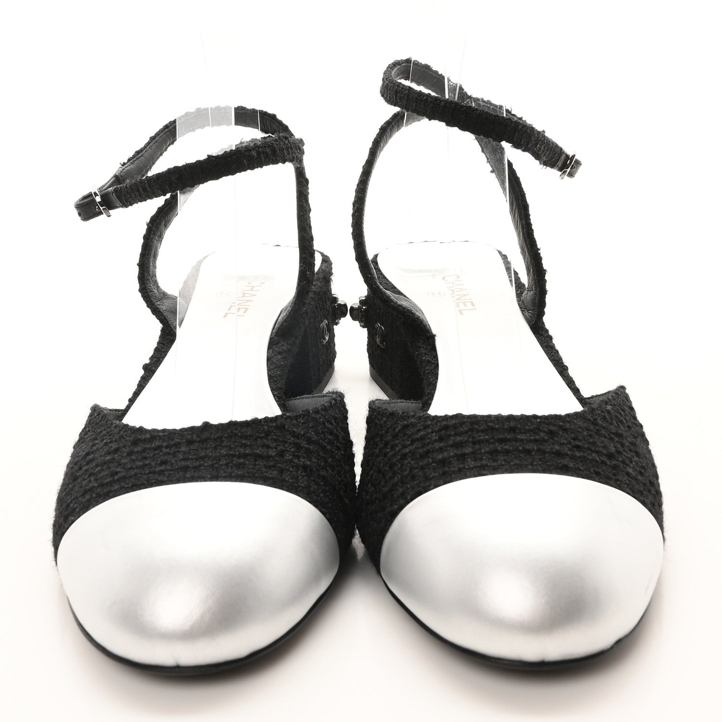 Tweed Iridescent Calfskin Cap Toe CC Slingback Pumps 39.5 Black Silver