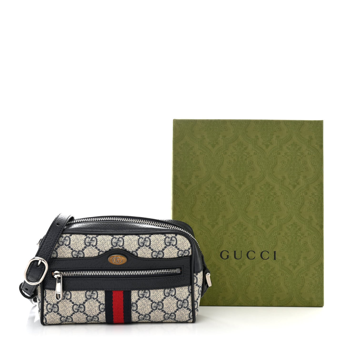 GG Supreme Monogram Textured Dollar Calfskin Web Mini Ophidia Shoulder Bag Beige Blue