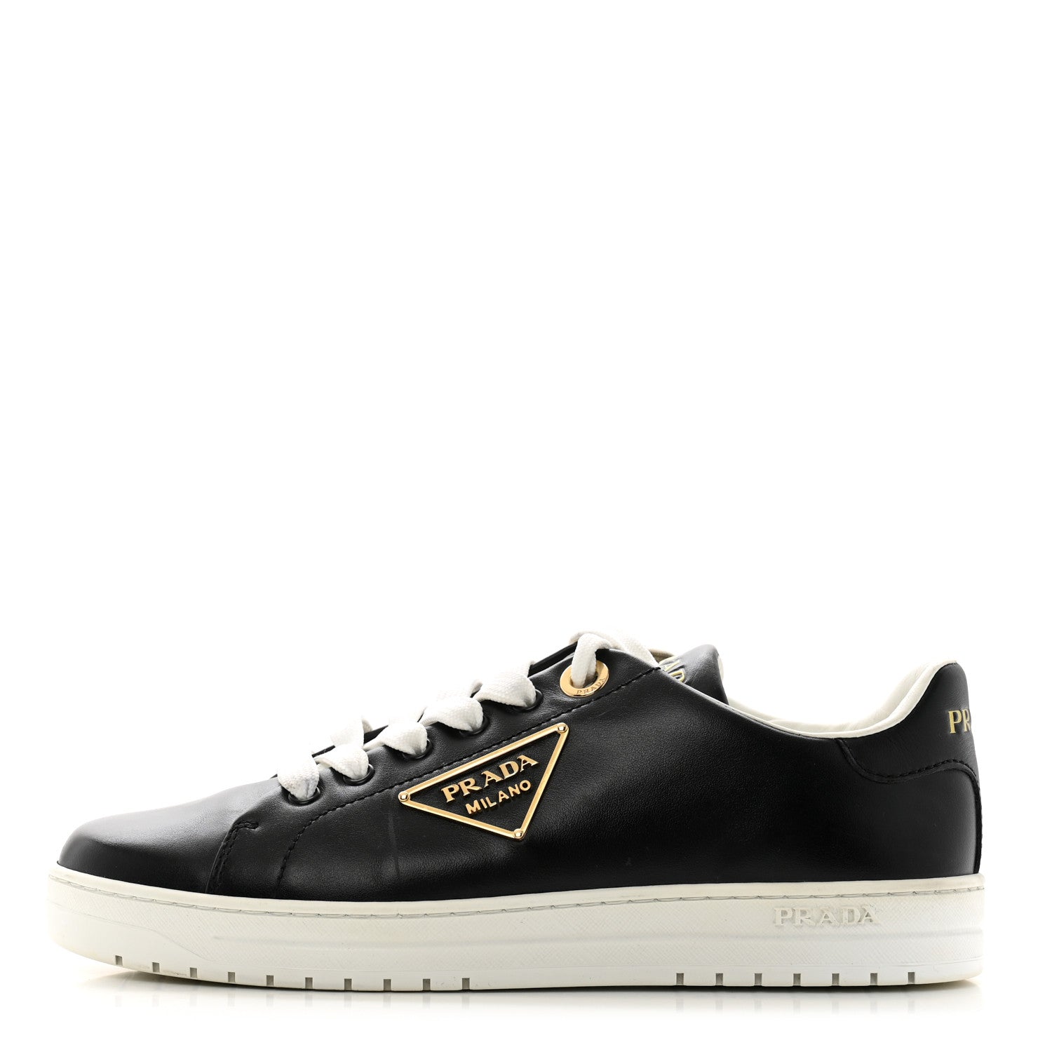 Prada Vitello Soft Metal Triangle Logo Womens Edge Low Top 30mm Sneakers 39 Black White 1 of 8
