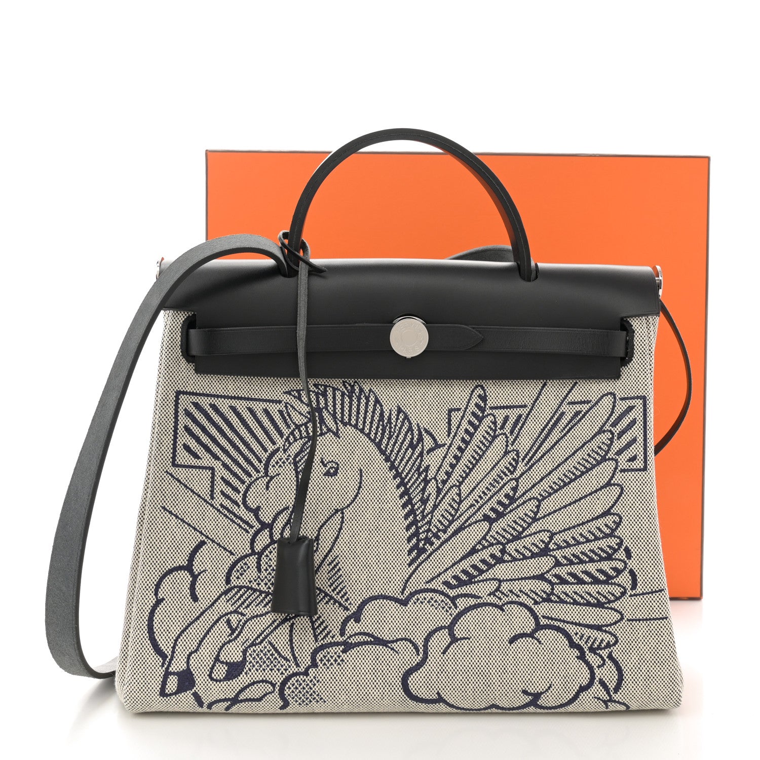 Hermes Vache Hunter Toile H Pegase Pop Herbag Zip Retourne 31 PM Bleu Indigo Ecru Black 14 of 14