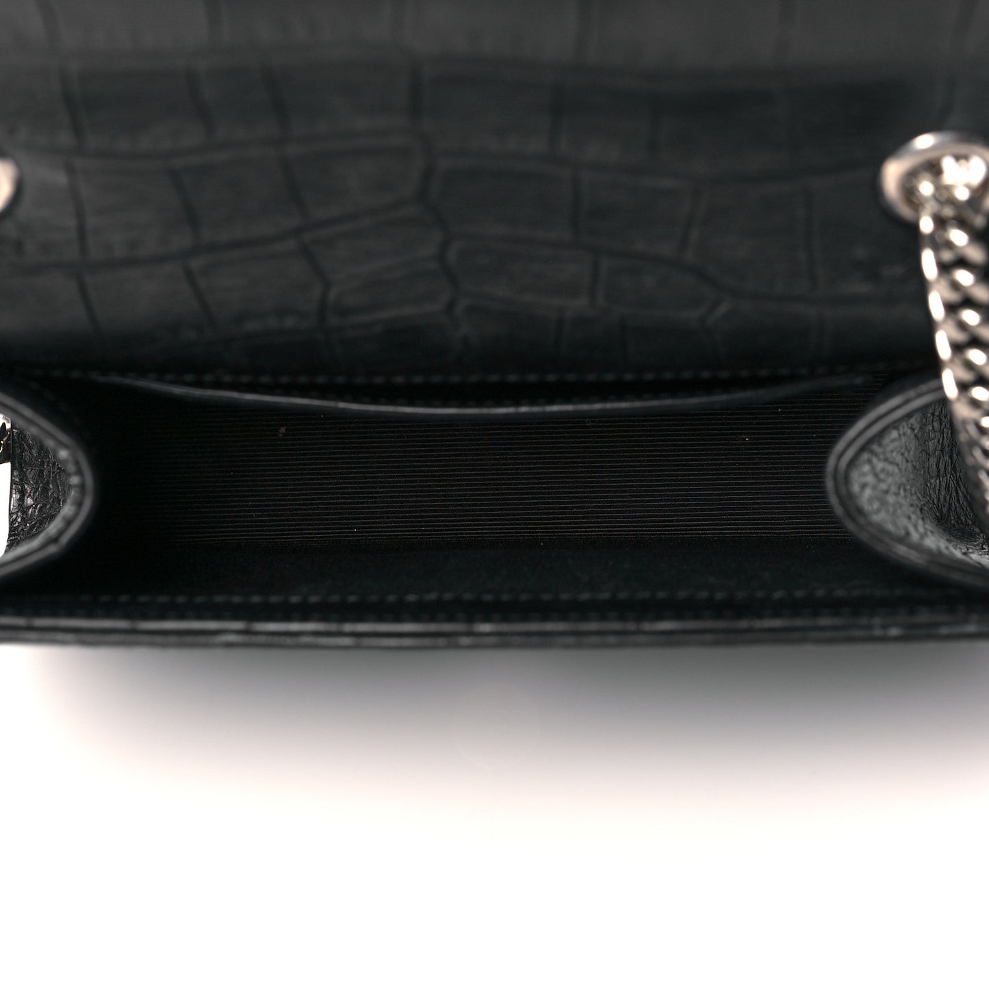 Calfskin Crocodile Embossed Monogram Small Kate Tassel Satchel Black