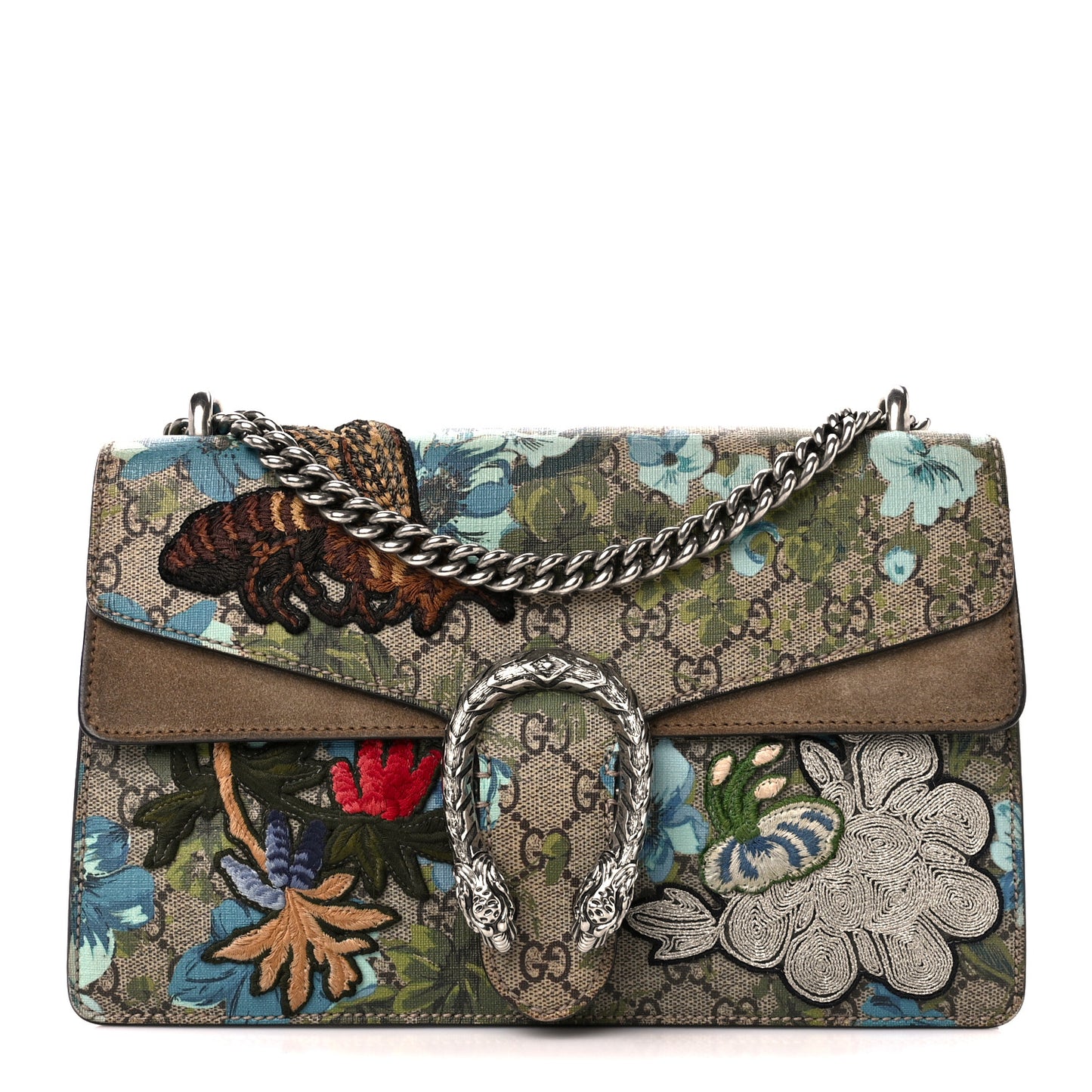 GG Supreme Monogram Blooms Print Embroidered Small Dionysus Shoulder Bag Blue Taupe