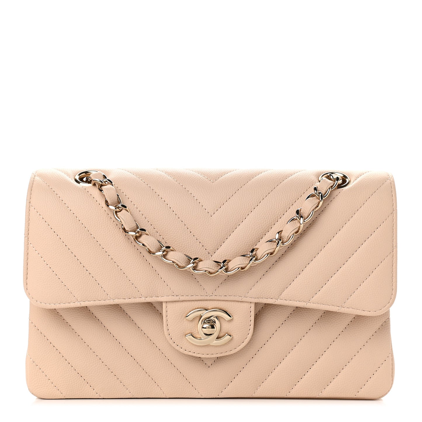 Caviar Chevron Quilted Small Double Flap Beige
