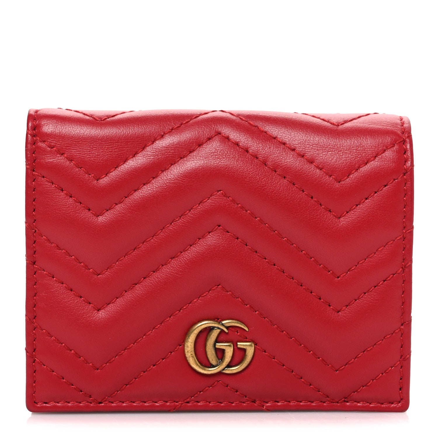 Gucci Calfskin Matelasse GG Marmont Card Case Wallet Hibiscus Red
