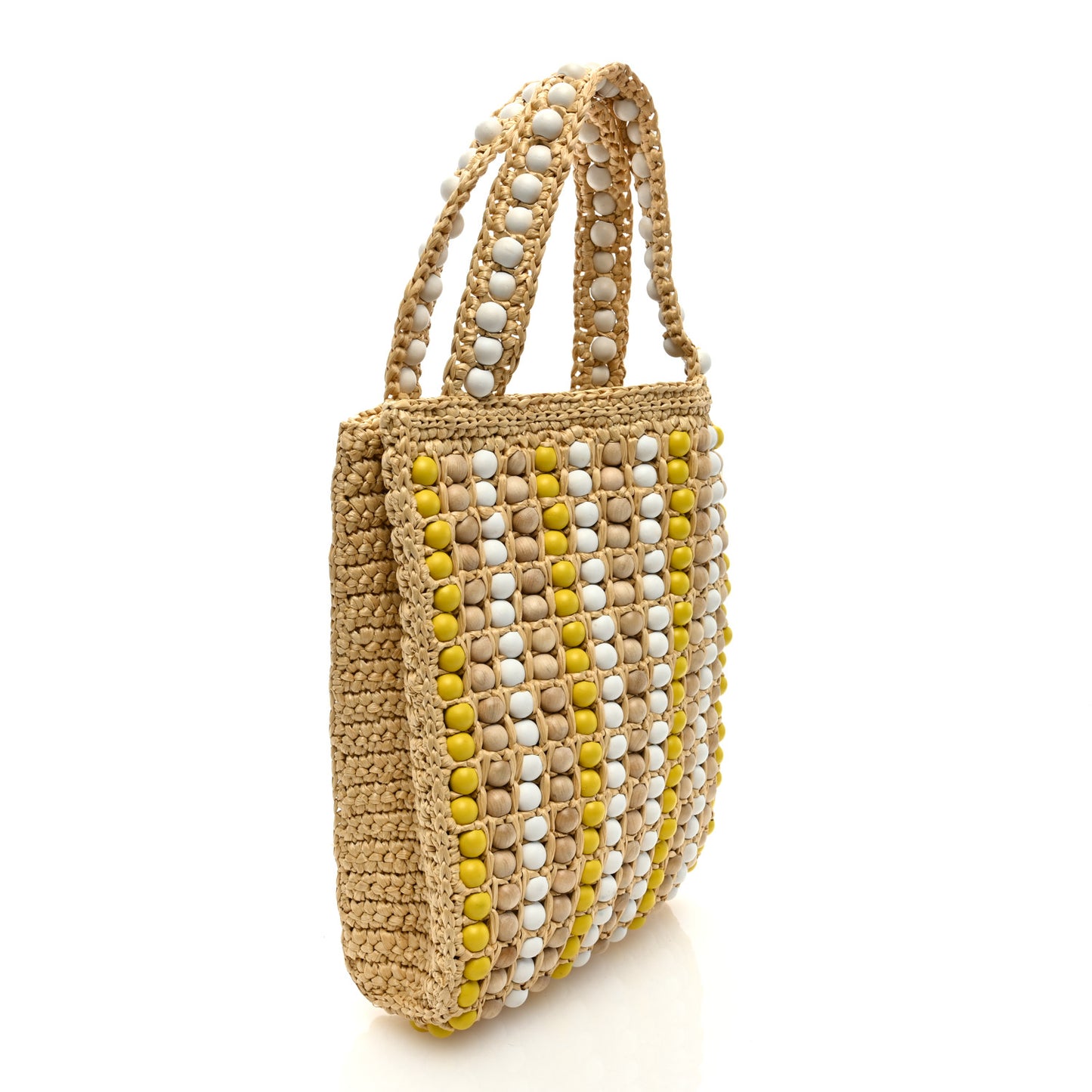 Raffia Wood Bead Embroidered Logo Tote Bag Naturale