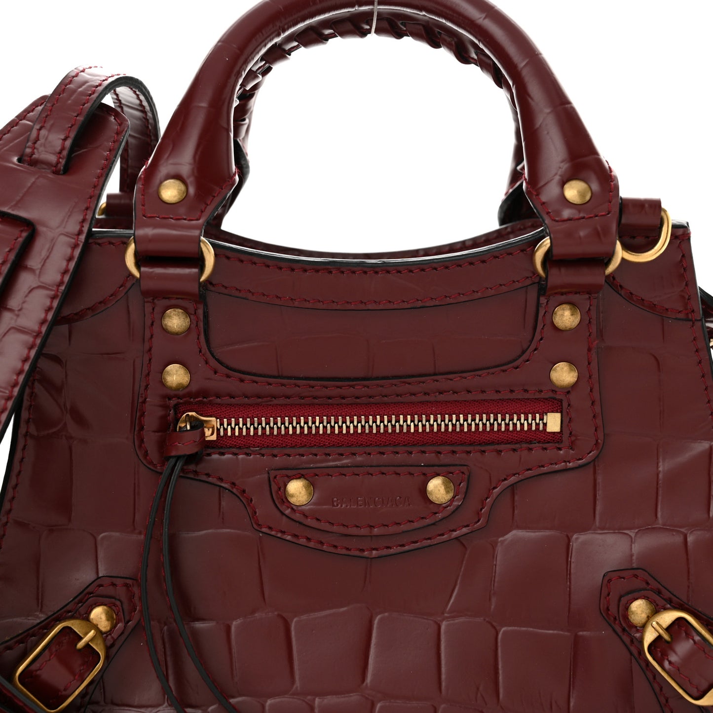 Semi Shiny Calfskin Crocodile Embossed Neo Classic Gold Hardware Mini City Dark Red