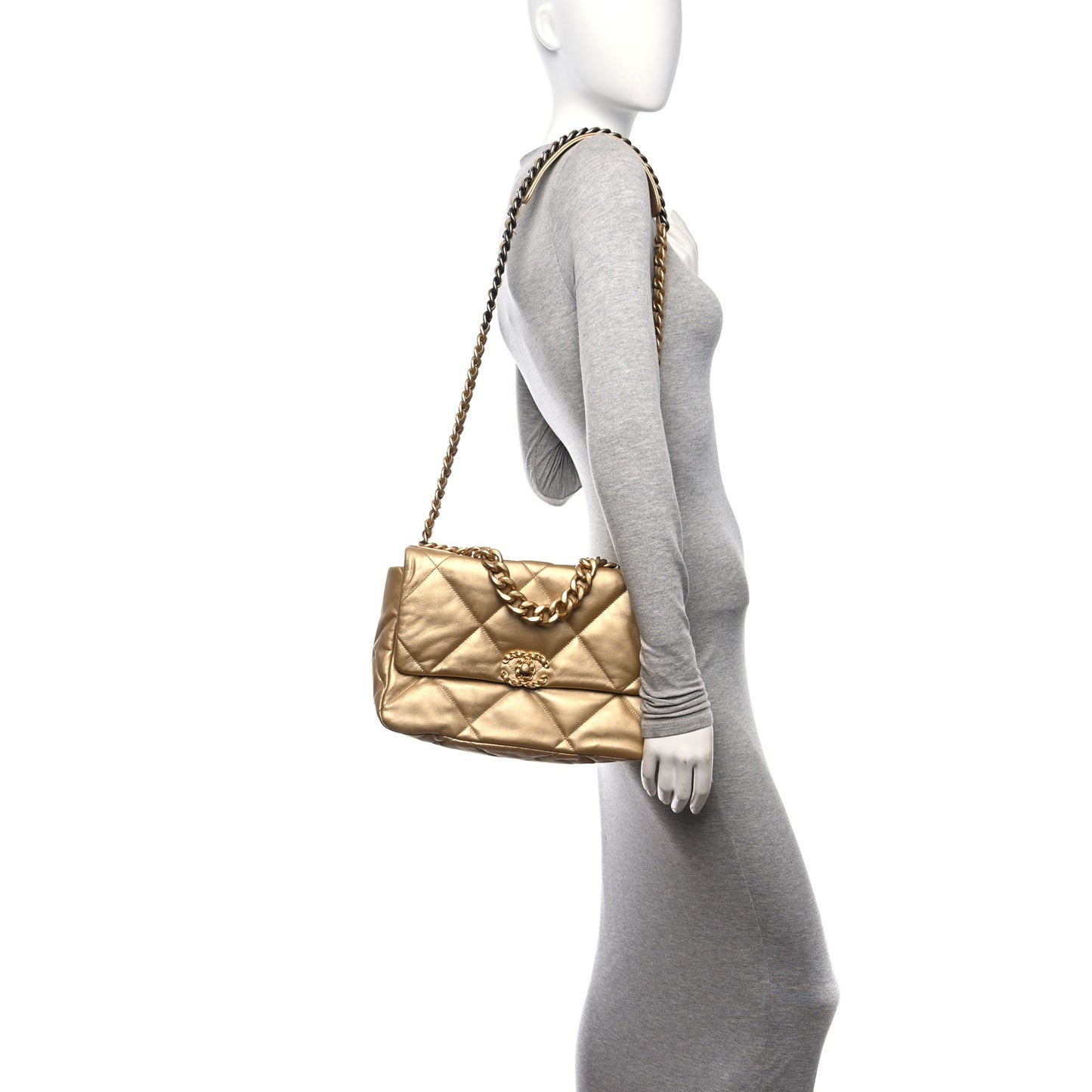 Metallic Goatskin Quilted Large Chanel 19 Flap Gold