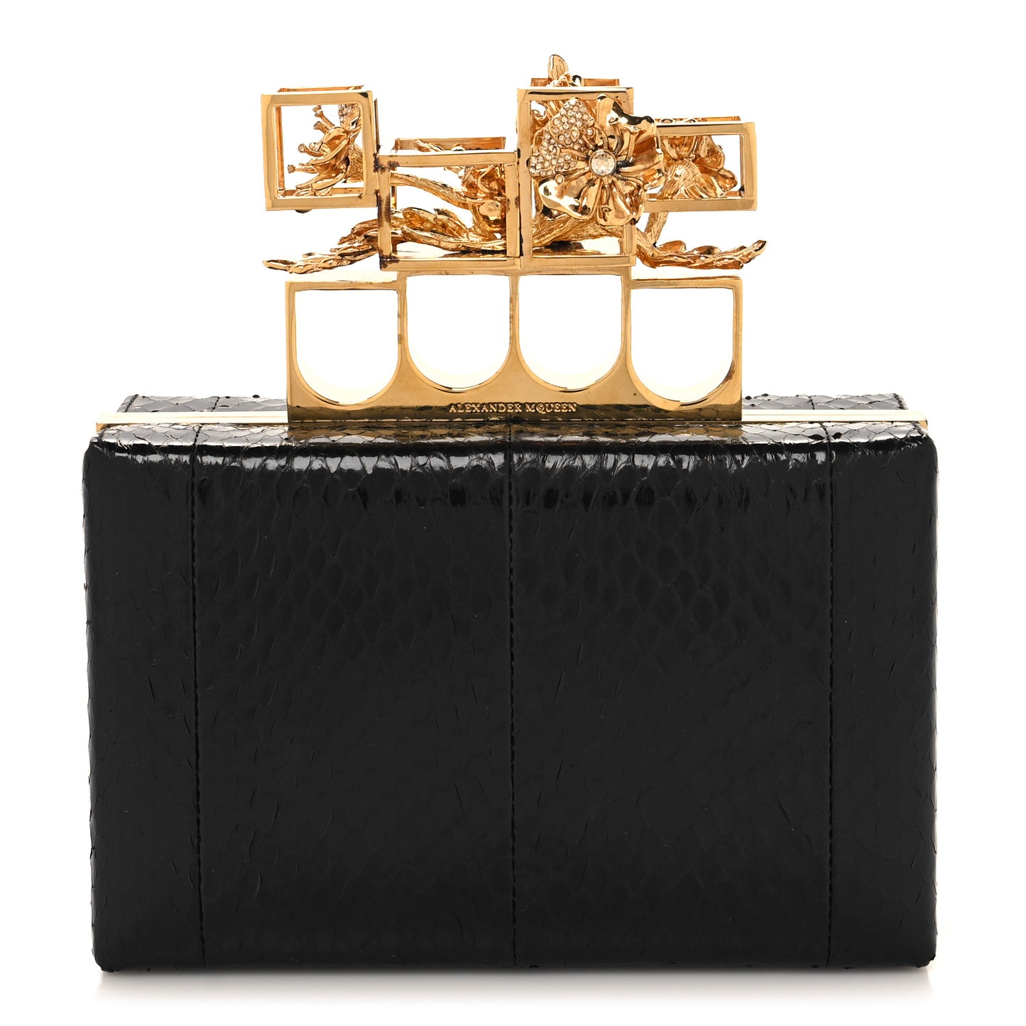 Snakeskin Poppy Cage Knuckle Box Clutch Black