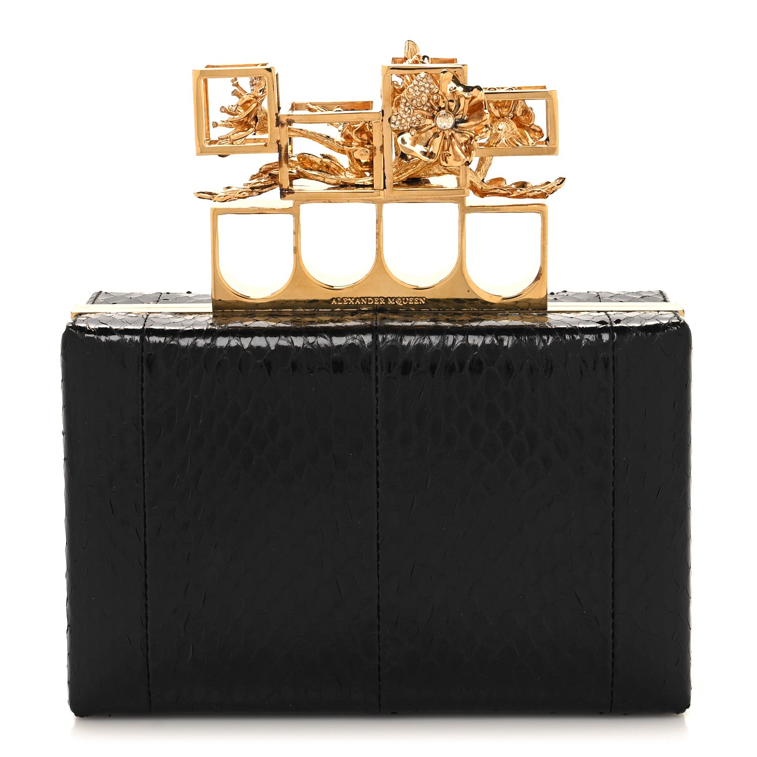 Alexander McQueen Snakeskin Poppy Cage Knuckle Box Clutch Black 1 of 13