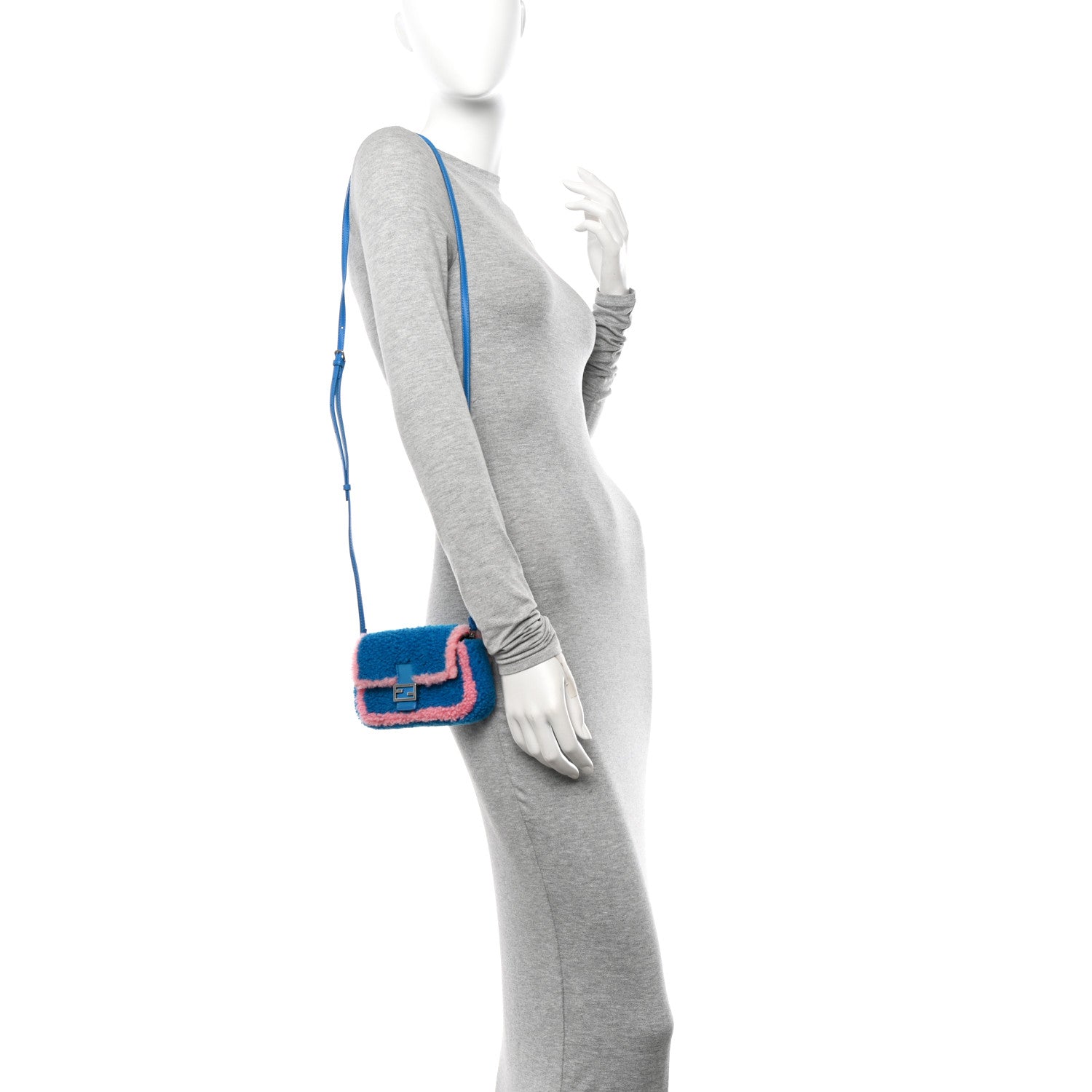 Fendi Shearling Shiny Nappa Baguette Blue Pink 3 of 10