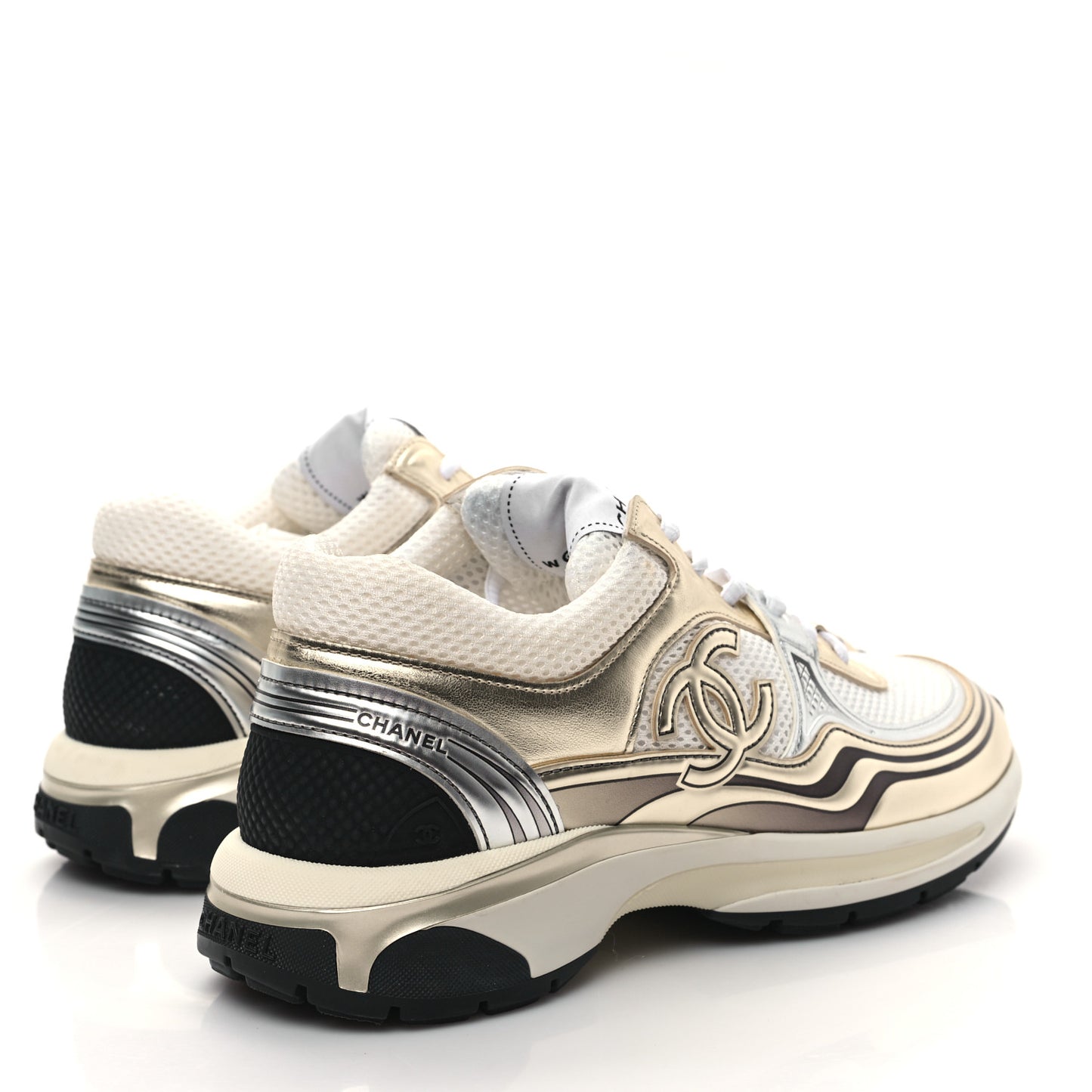 Fabric Laminated Calfskin Stretch CC Womens Sneakers 38.5 White Gold Silver