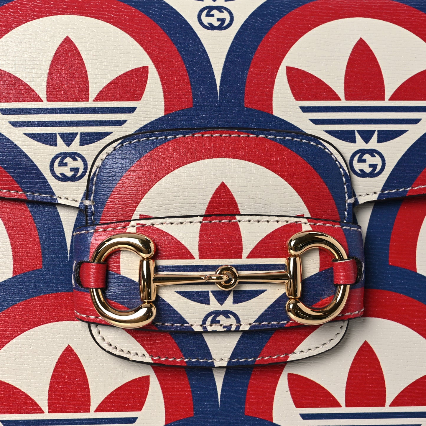 X ADIDAS Shangai Calfskin Web Trefoil Interlocking G Small Horsebit 1955 Shoulder Bag Red White Blue