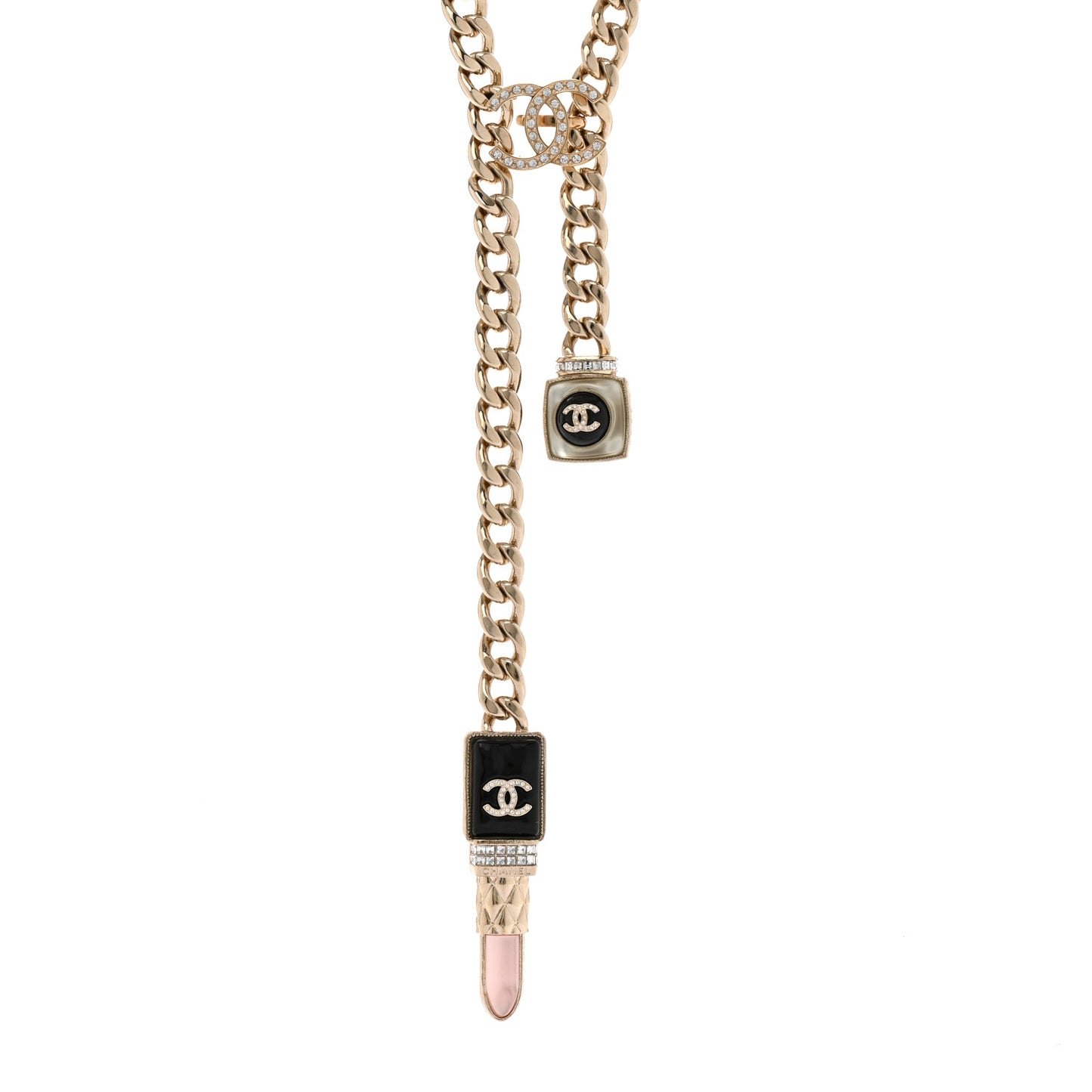 Metal Strass Pearl Lipstick Necklace Pink Gold