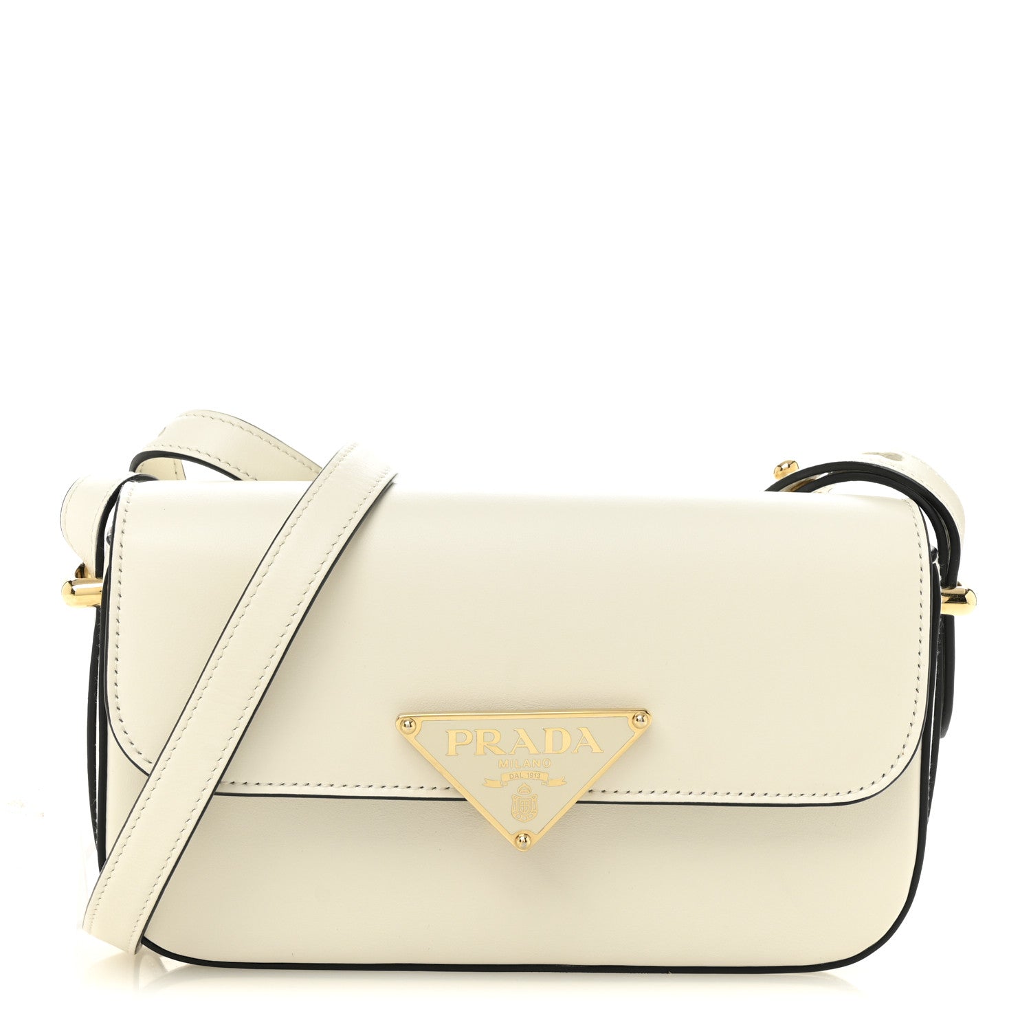 Prada Soft Calfskin Metal Triangle Logo Flap Shoulder Bag White