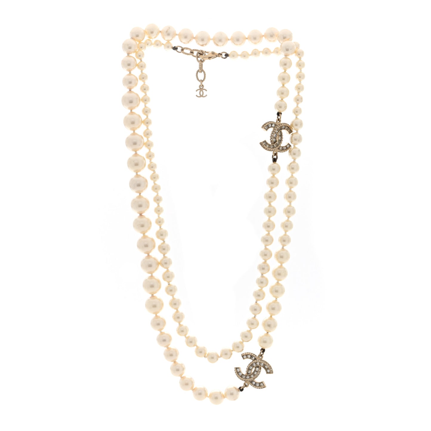 Pearl Baguette Crystal Long CC Necklace Gold
