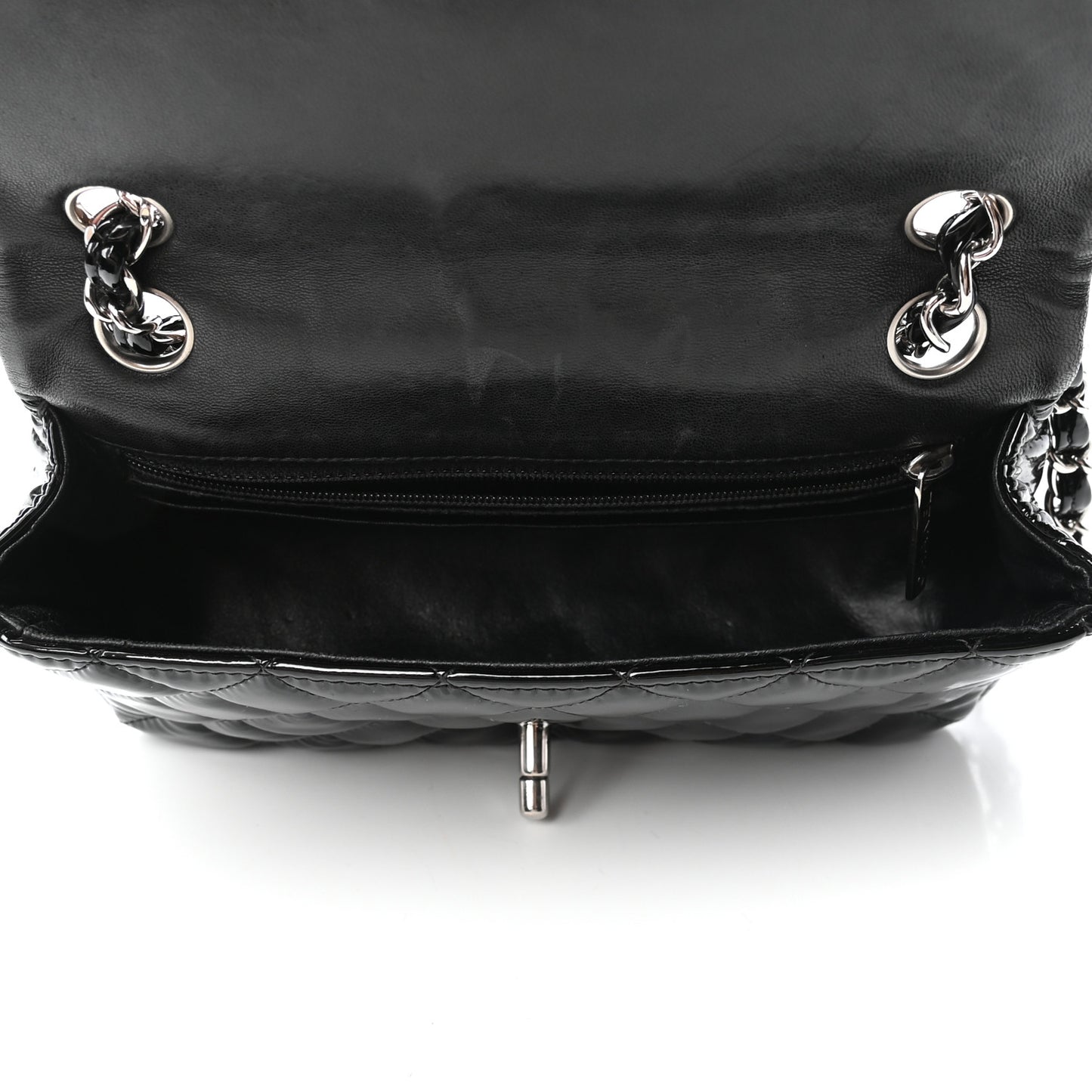Patent Calfskin Quilted Mini Rectangular Flap Black